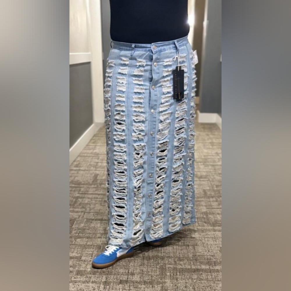 Distressed Denim Maxi Skirt